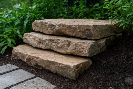 Natural stone steps in a garden.の素材