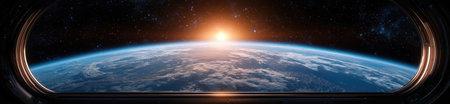 Earth view from space station window at sunriseの素材