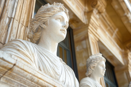 Classical marble bust sculptures adorn a building facade.の素材