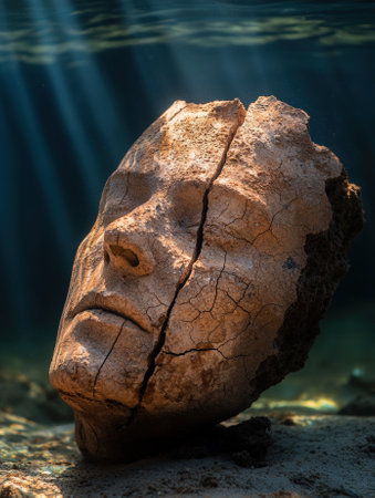 Ancient cracked face sculpture underwater with sun rays.の素材