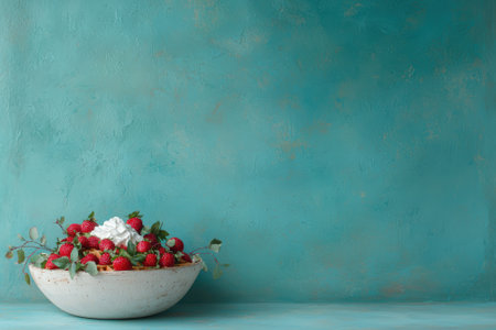 A bowl of waffles topped with strawberries and whipped cream against a blue background.の素材