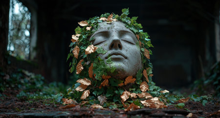 Stone face sculpture covered in leaves in a forest setting.の素材