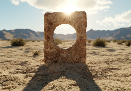 Stone portal in a desert landscape with sun shining through the opening.の素材