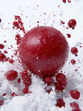 A red sphere surrounded by smaller spheres and white powder.の素材