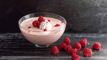 Raspberry dessert with cream in a glass bowl.の素材