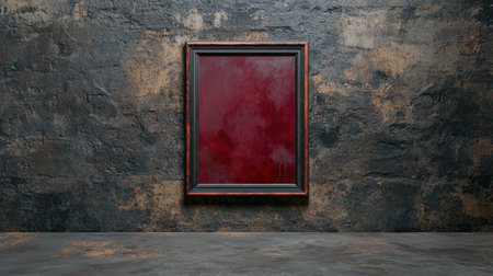 A dark red painting in a frame hangs on a textured wall.の素材
