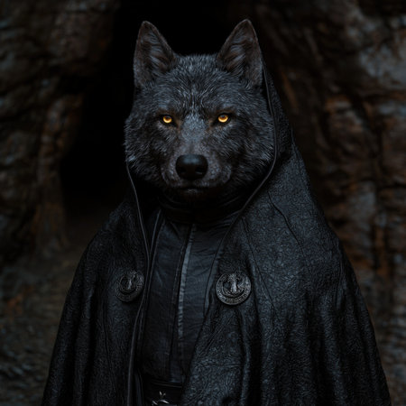 Anthropomorphic wolf in a dark cloak with glowing eyes.の素材
