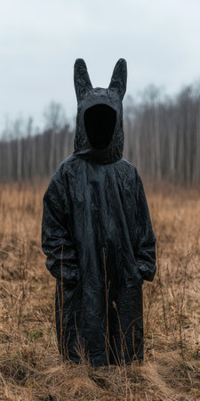 Person in a black bunny raincoat standing in a field.の素材