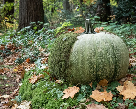 A green pumpkin covered in moss sits in the forest.の素材