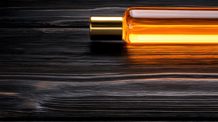 A bottle of golden liquid on a dark wooden surface.の素材