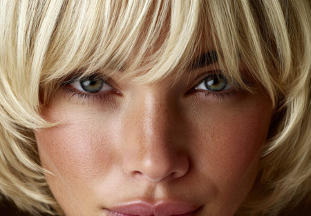 Close up portrait of a woman with blonde hair and green eyes.の素材