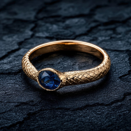 Elegant gold ring with a blue gemstone on a dark textured background.の素材