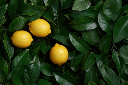 Fresh lemons on a bed of green leaves.の素材