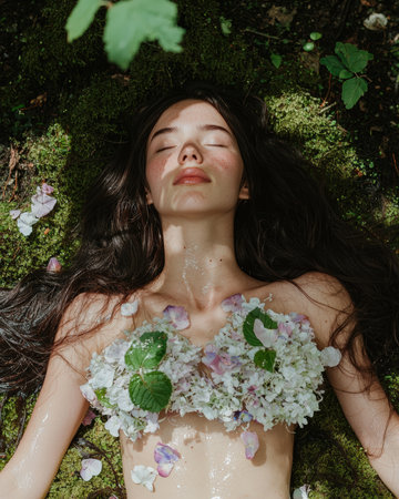 A woman lies on moss covered ground adorned with flowers.の素材