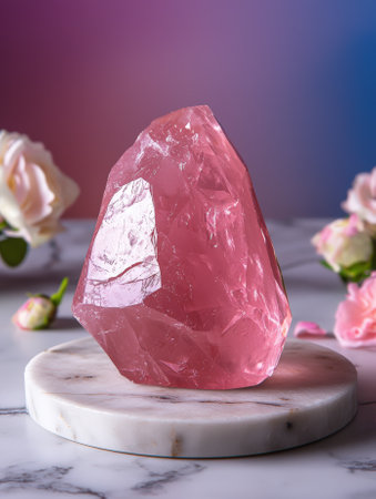 Rose quartz crystal on a marble stand with flowers.の素材