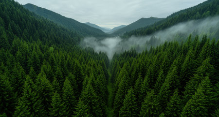 Lush green forest valley with fog and mountains.の素材