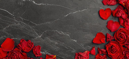 Red roses and petals on a dark stone surface.の素材