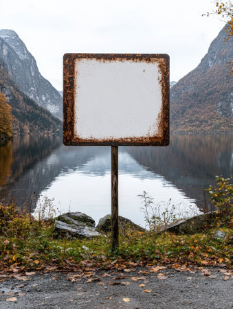 A blank sign on a lake in the mountains.の素材