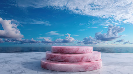 Three-tiered pink marble podium with ocean and sky backdrop.の素材