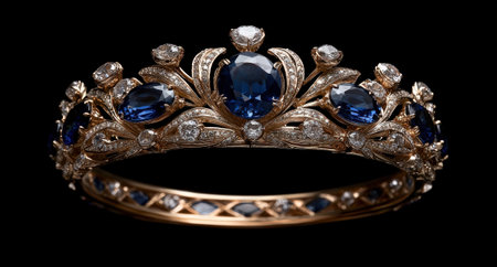 A luxurious gold tiara with blue sapphires and diamonds.の素材