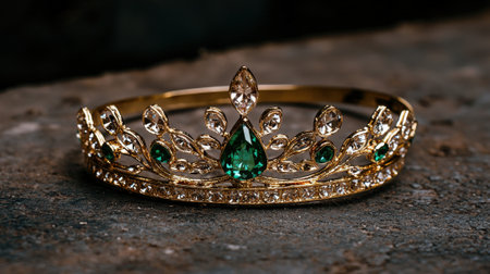 Elegant gold tiara with emerald and clear gemstones.の素材