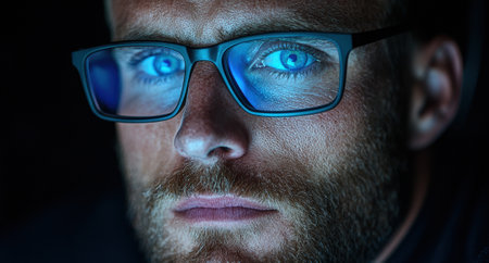 Man wearing blue light blocking glasses looking at a screen.の素材