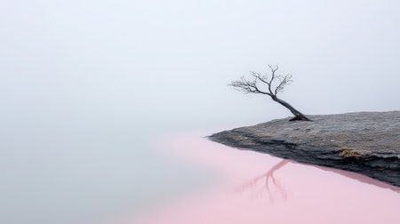 A lone tree stands on a rocky outcrop overlooking a pink lake.の素材