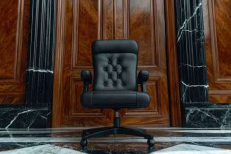 A black leather executive chair sits in front of a wooden panel wall.の素材