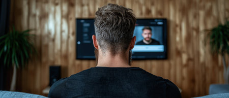 Man watching a video call on TV in his living room.の素材