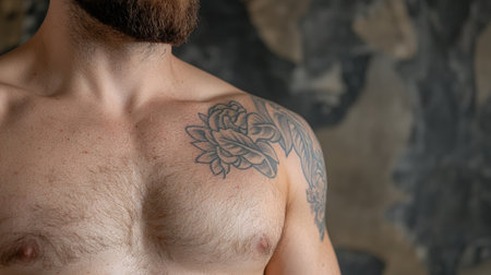 Close up of a man's chest and shoulder with a floral tattoo.の素材