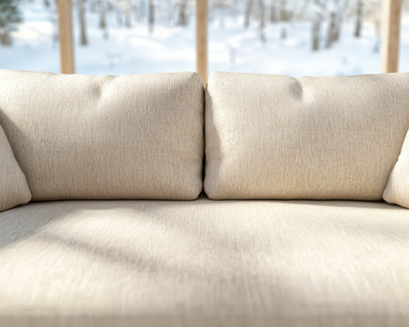 Comfortable sofa with pillows in a cozy living room with a view of a snowy landscape.の素材