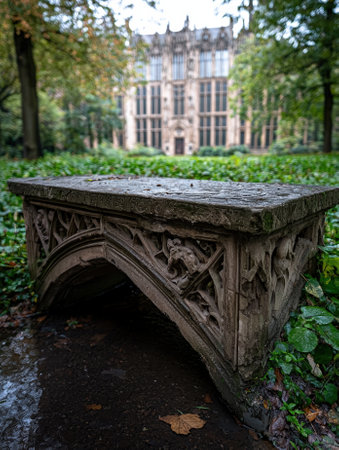 Ornate stone bridge in a garden with a building in the background.の素材