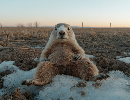 Lazy prairie dog sitting on snow in a field.の素材