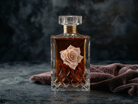 Elegant perfume bottle with a rose detail.の素材