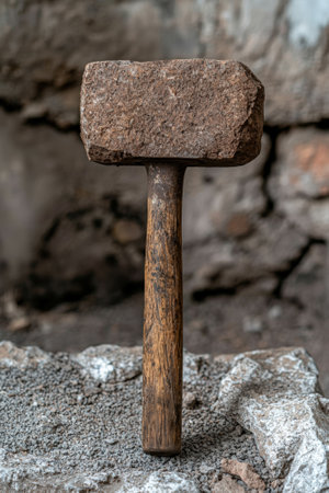 A stone hammer standing on a rock.の素材
