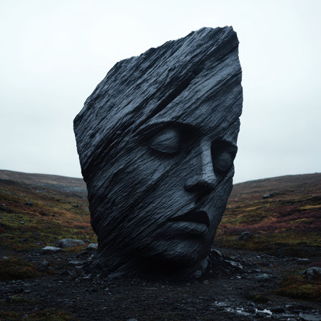Stone face sculpture in a desolate landscape.の素材