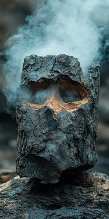 A carved wooden face with smoke coming out of it.の素材
