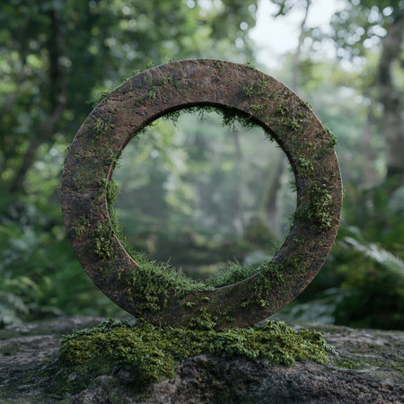 Moss covered stone ring in a forest setting.の素材