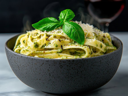 A bowl of fresh pasta with pesto sauce and basil garnish.の素材