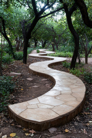 A winding stone path through a lush green forest.の素材