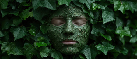 A woman's face covered in green leaves.の素材