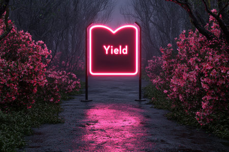 A neon yield sign glows in a dark forest path.の素材