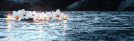 Candles and flowers floating on water at nightの素材
