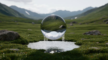 Crystal ball reflecting a mountain landscape over a pond.の素材