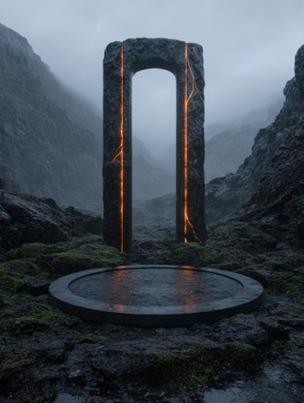 Mystical portal in a dark, foggy landscape.の素材