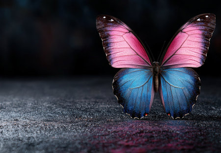 A vibrant butterfly with pink and blue wings resting on a dark surface.の素材