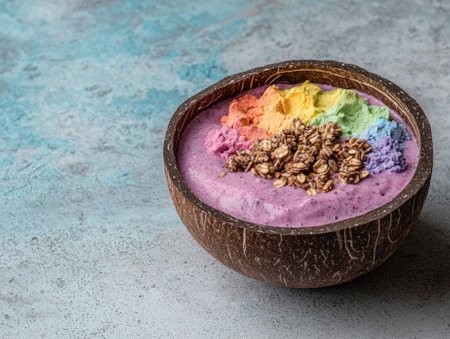 A vibrant smoothie bowl in a coconut shell with colorful toppings.の素材