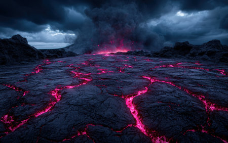 Volcanic eruption with lava flow under a stormy sky.の素材