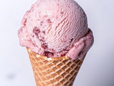 A scoop of strawberry ice cream in a waffle cone.の素材