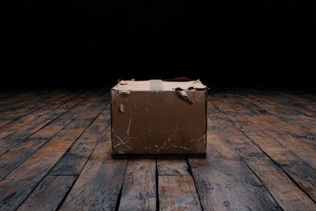 A worn cardboard box sits on a rustic wooden floor.の素材